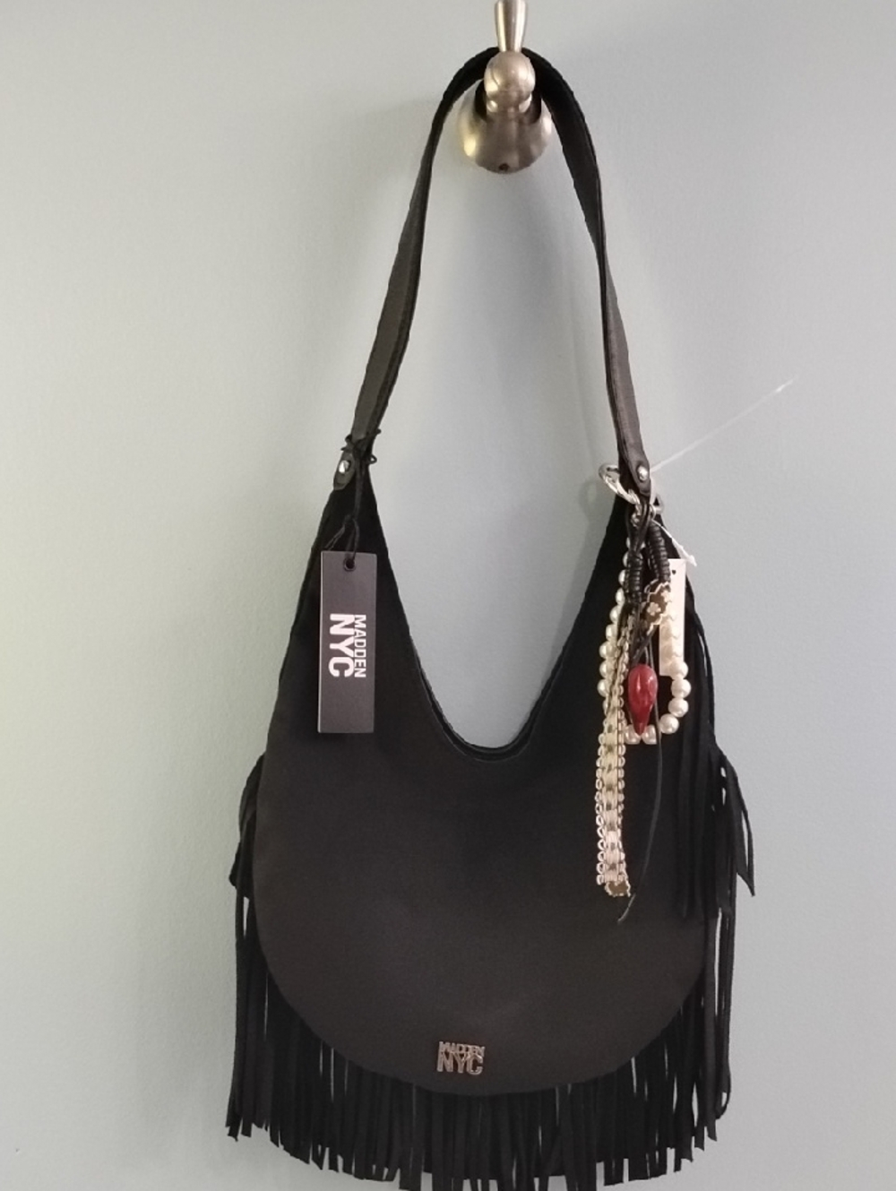 NWT Steve Madden Black Fringe Hobo Bag with Charm Accent